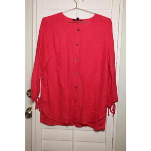 Ellen Tracey bright pink 100% linen button down top size Large